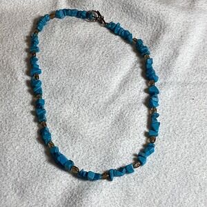 Turquoise Chip Bead Necklace Bronze Accent Toggle Clasp Boho Southwestern 17.5in